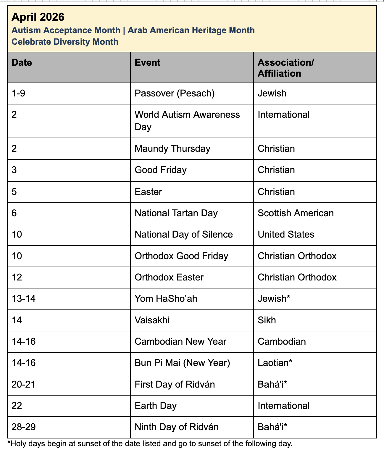 Equity & Belonging Calendar - April
